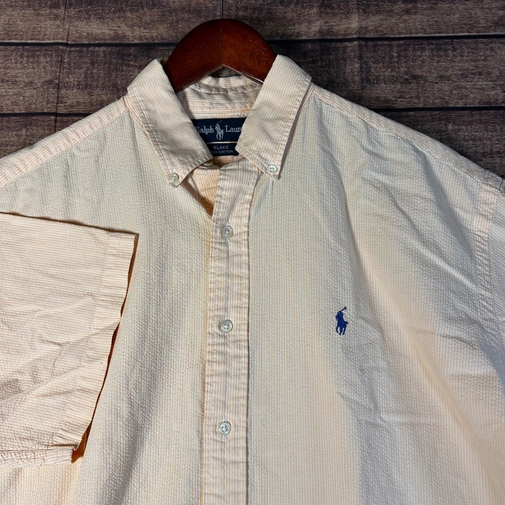 Ralph Lauren Blake Mens Large Orange Seersucker Short Sleeve Button Down Shirt